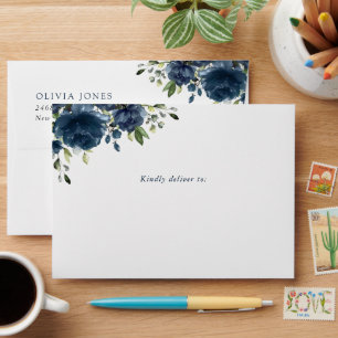 Navy Blue Flowers, Greenery, Boho, Baby Shower Envelope