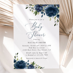 Navy Blue Flowers, Greenery, Boho, Baby Shower Invitation