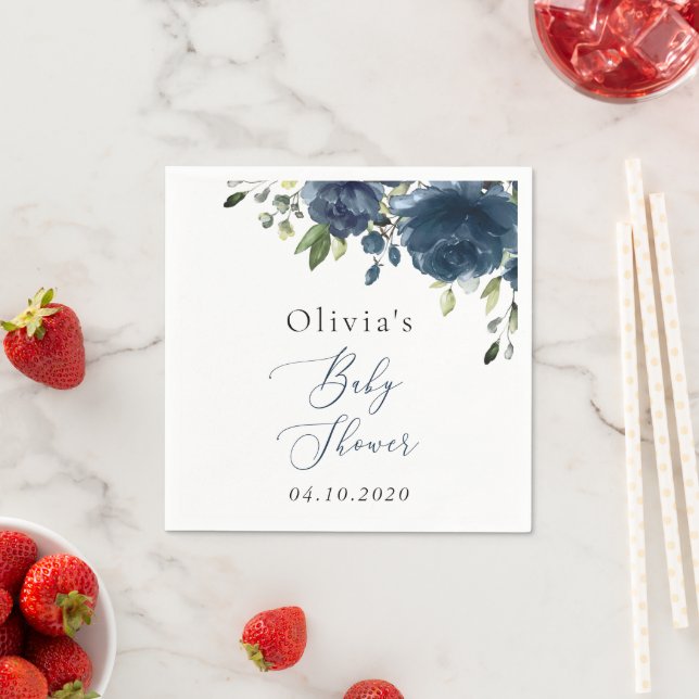 Navy Blue Flowers, Greenery, Boho, Baby Shower Napkin (Insitu)
