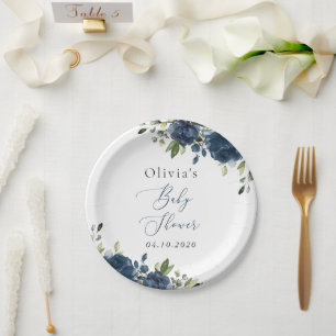 Navy Blue Flowers, Greenery, Boho, Baby Shower Paper Plate