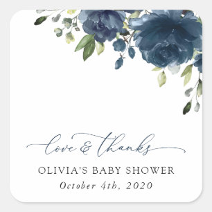 Navy Blue Flowers, Greenery, Boho, Baby Shower Square Sticker