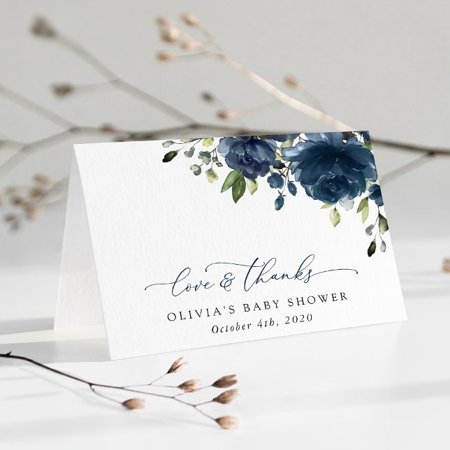 Navy Blue Flowers, Greenery, Boho, Baby Shower Thank You Card (Creator Uploaded)