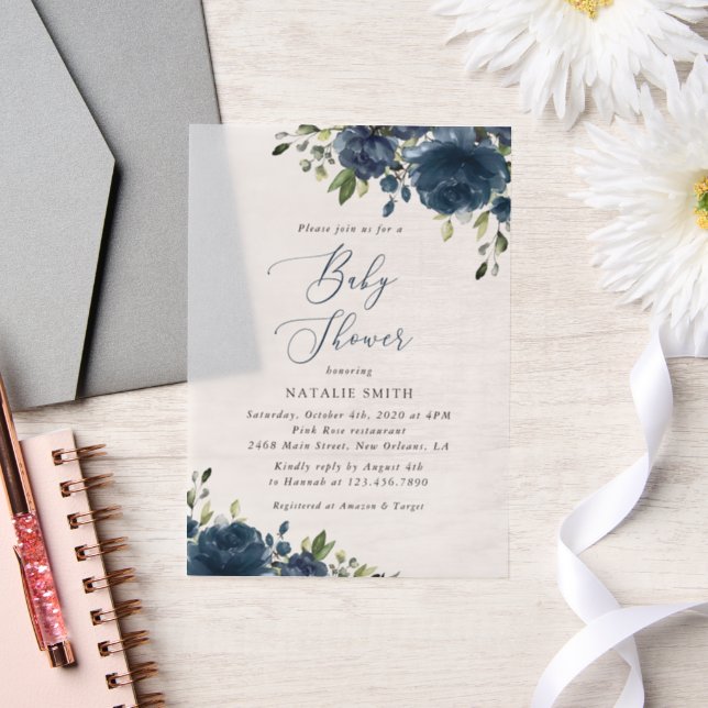 Navy Blue Flowers, Greenery, Boho, Baby Shower Vellum Invitations (Wedding)