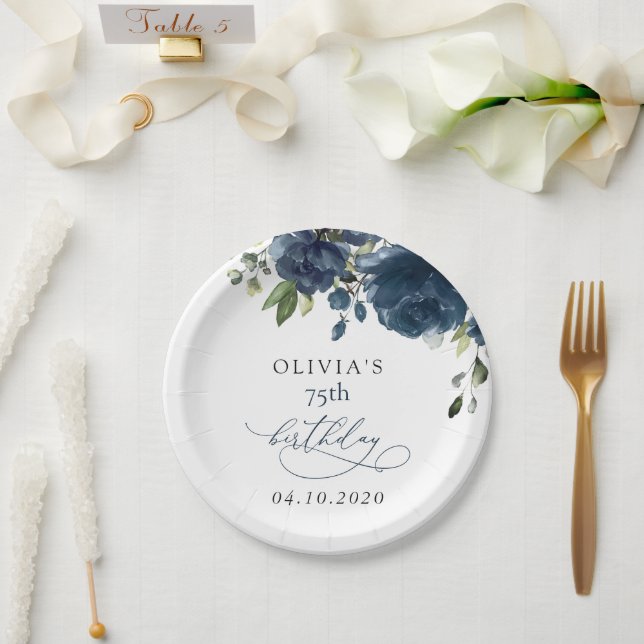 Navy Blue Flowers, Greenery, Boho, Birthday Paper Plate (Wedding)