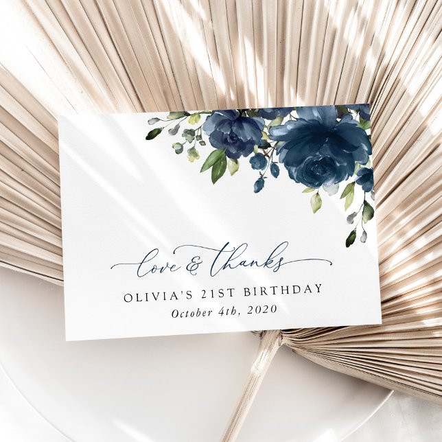 Navy Blue Flowers, Greenery, Boho, Birthday Thank You Card (Creator Uploaded)