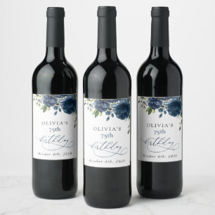 Navy Blue Flowers, Greenery, Boho, Birthday Wine Label