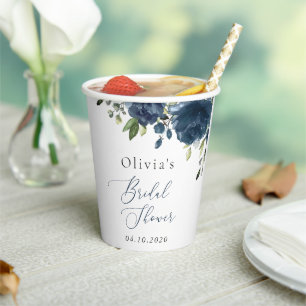 Navy Blue Flowers, Greenery, Boho, Bridal Shower Paper Cups