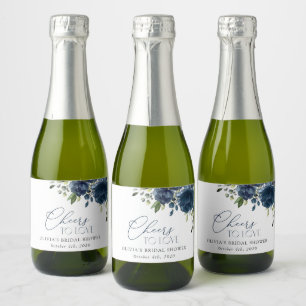 Navy Blue Flowers, Greenery, Boho, Bridal Shower Sparkling Wine Label