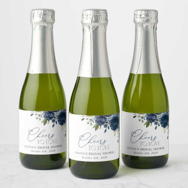 Navy Blue Flowers, Greenery, Boho, Bridal Shower Sparkling Wine Label (Bottles)
