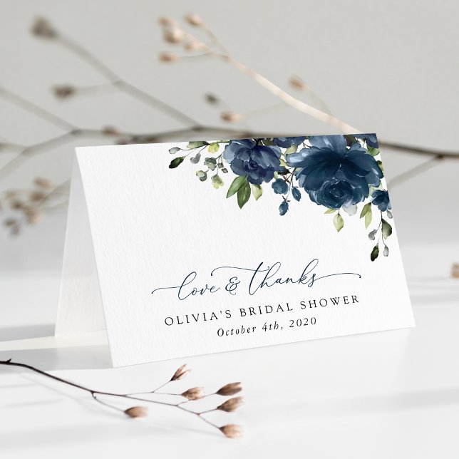 Navy Blue Flowers, Greenery, Boho, Bridal Shower Thank You Card (Creator Uploaded)