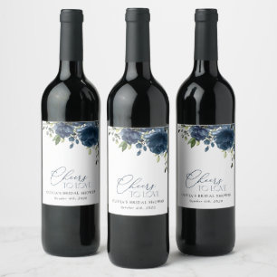 Navy Blue Flowers, Greenery, Boho, Bridal Shower Wine Label