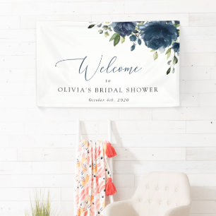 Navy Blue Flowers, Greenery, Boho, Bridal Welcome Banner