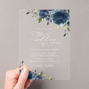 Navy Blue Flowers, Greenery, Boho, Floral Wedding Acrylic Invitations