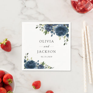 Navy Blue Flowers, Greenery, Boho, Floral Wedding Napkin