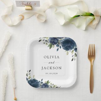 Navy Blue Flowers, Greenery, Boho, Floral Wedding Paper Plate