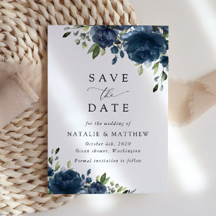Navy Blue Flowers, Greenery, Boho, Floral Wedding Save The Date