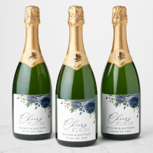 Navy Blue Flowers, Greenery, Boho, Floral Wedding Sparkling Wine Label