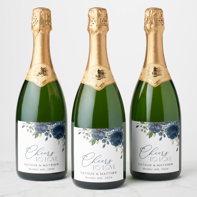Navy Blue Flowers, Greenery, Boho, Floral Wedding Sparkling Wine Label (Bottles)
