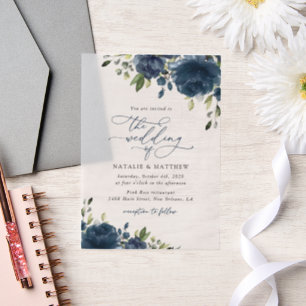 Navy Blue Flowers, Greenery, Boho, Floral Wedding Vellum Invitations
