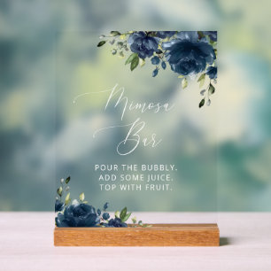 Navy Blue Flowers, Greenery, Boho, Mimosa Bar  Acrylic Sign