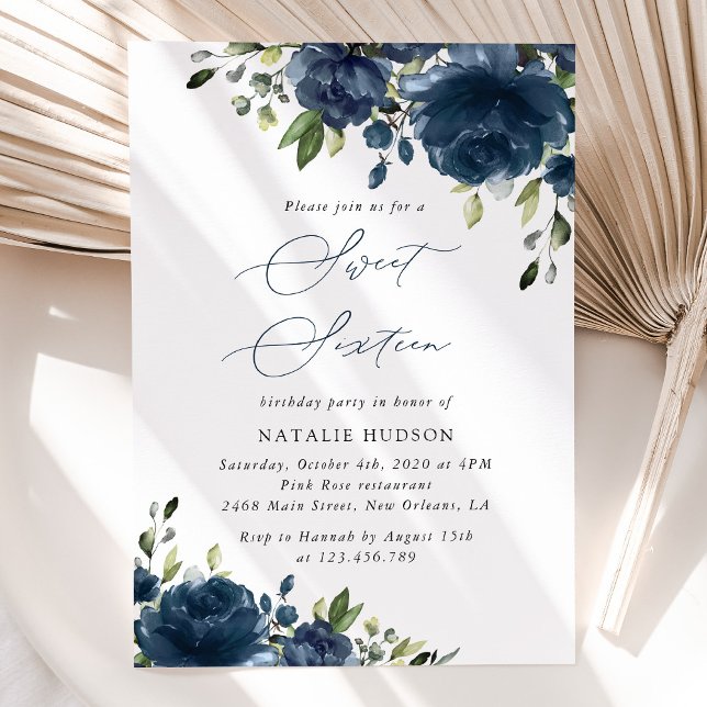 Navy Blue Flowers, Greenery, Boho, Sweet 16 Invitation (Creator Uploaded)