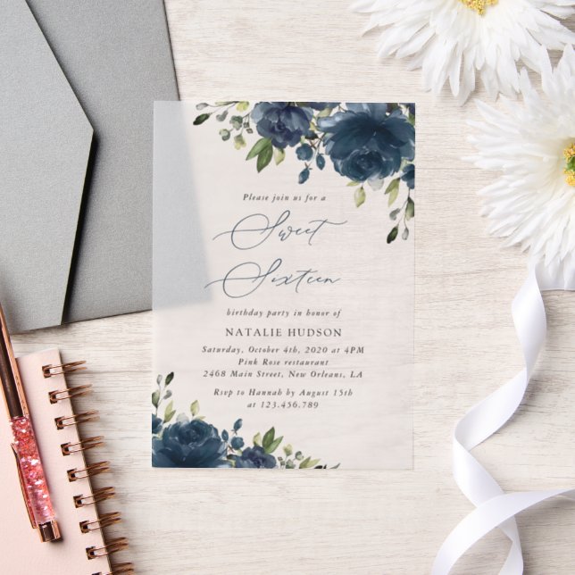 Navy Blue Flowers, Greenery, Boho, Sweet 16 Vellum Invitations (Wedding)
