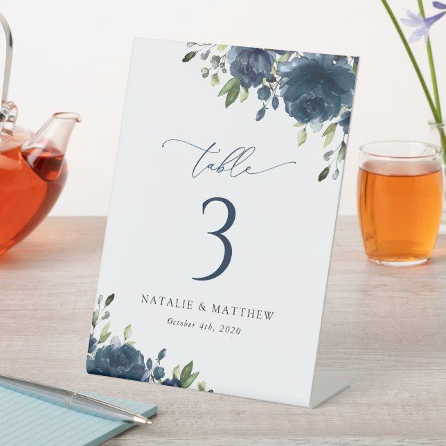 Navy Blue Flowers, Greenery, Boho, Table Numbers Pedestal Sign (In SItu)