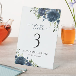 Navy Blue Flowers, Greenery, Boho, Table Numbers Pedestal Sign
