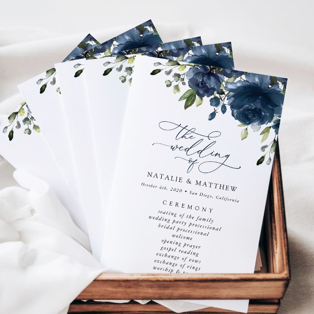 Navy Blue Flowers, Greenery, Boho, Wedding Program (Creator Uploaded)