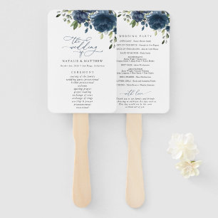 Navy Blue Flowers, Greenery, Boho, Wedding Program Hand Fan
