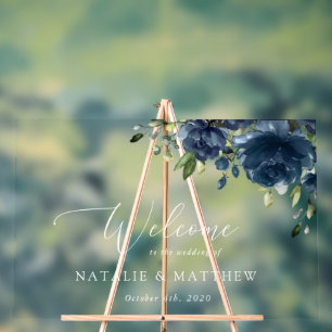Navy Blue Flowers, Greenery, Boho, Wedding Welcome Acrylic Sign