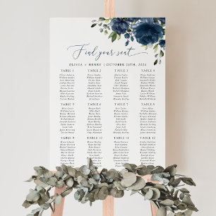 Navy Blue Flowers, Greenery, Wedding Seating Chart