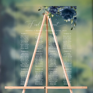 Navy Blue Flowers, Greenery, Wedding Seating Chart
