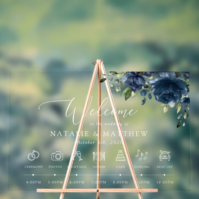 Navy Blue Flowers, Greenery, Wedding Timeline Acrylic Sign (Neutral)