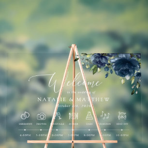 Navy Blue Flowers, Greenery, Wedding Timeline Acrylic Sign