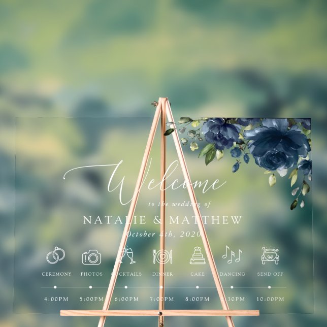 Navy Blue Flowers, Greenery, Wedding Timeline Acrylic Sign (Neutral)