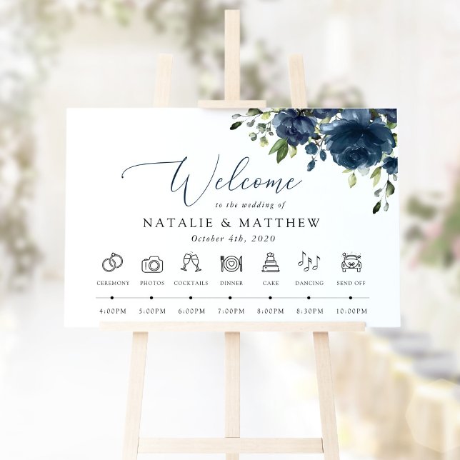 Navy Blue Flowers, Greenery, Wedding Timeline Poster (Creator Uploaded)