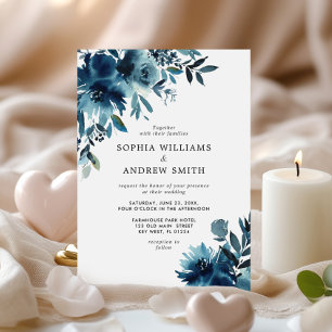 Navy Blue Flowers Indigo Floral Wedding Invitation