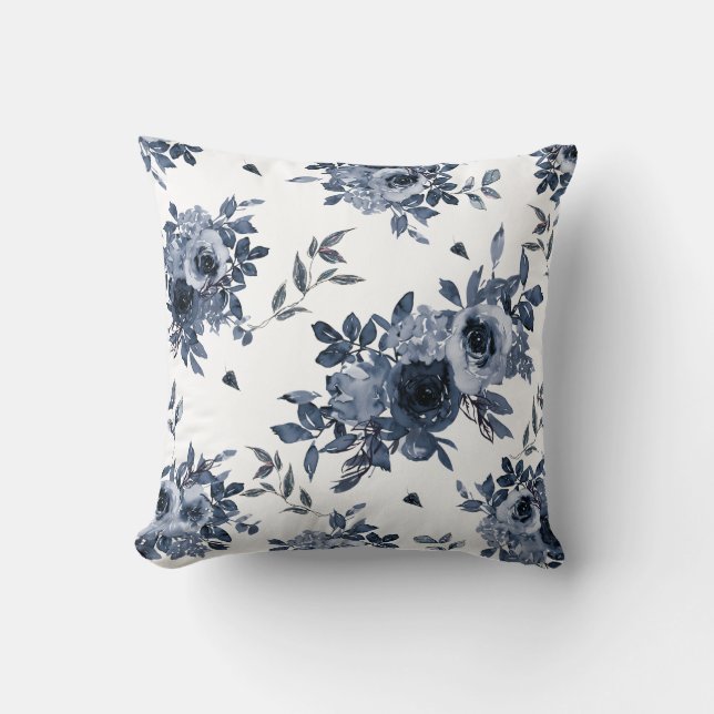 Navy Blue Flowers on White Cushion (Front)