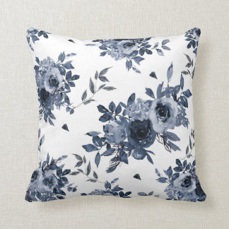 Navy Blue Flowers on White Cushion