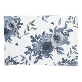 Navy Blue Flowers on White Pillowcase