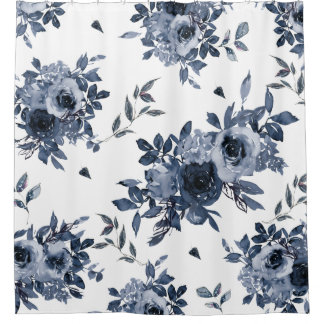 Navy Blue Flowers on White Shower Curtain