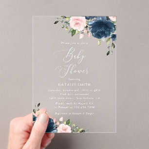 Navy Blue Flowers, Pink Flowers, Baby Shower Acrylic Invitations