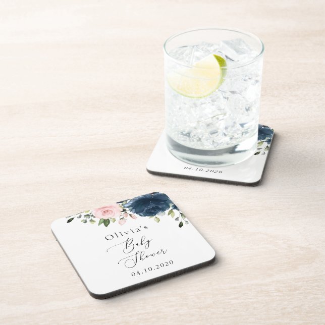 Navy Blue Flowers, Pink Flowers, Baby Shower Coaster (Right Side)