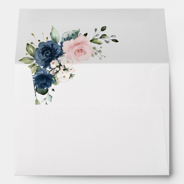 Navy Blue Flowers, Pink Flowers, Baby Shower  Envelope (Back (Bottom))