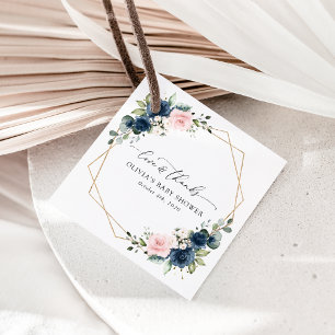 Navy Blue Flowers, Pink Flowers, Baby Shower Favour Tags