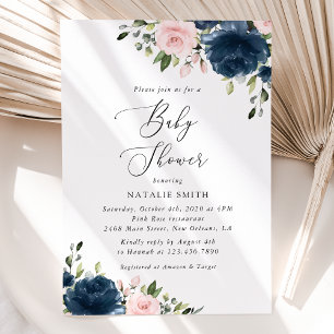 Navy Blue Flowers, Pink Flowers, Baby Shower Invitation