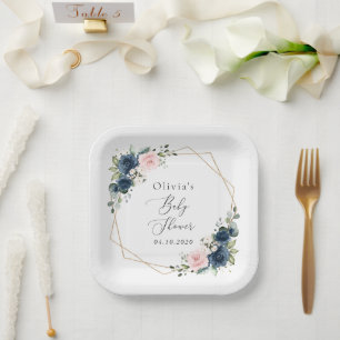Navy Blue Flowers, Pink Flowers, Baby Shower  Paper Plate
