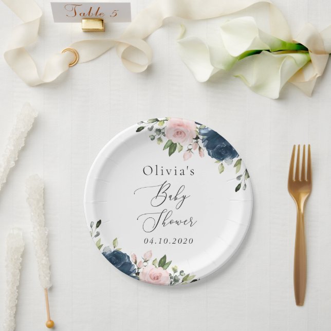 Navy Blue Flowers, Pink Flowers, Baby Shower Paper Plate (Wedding)
