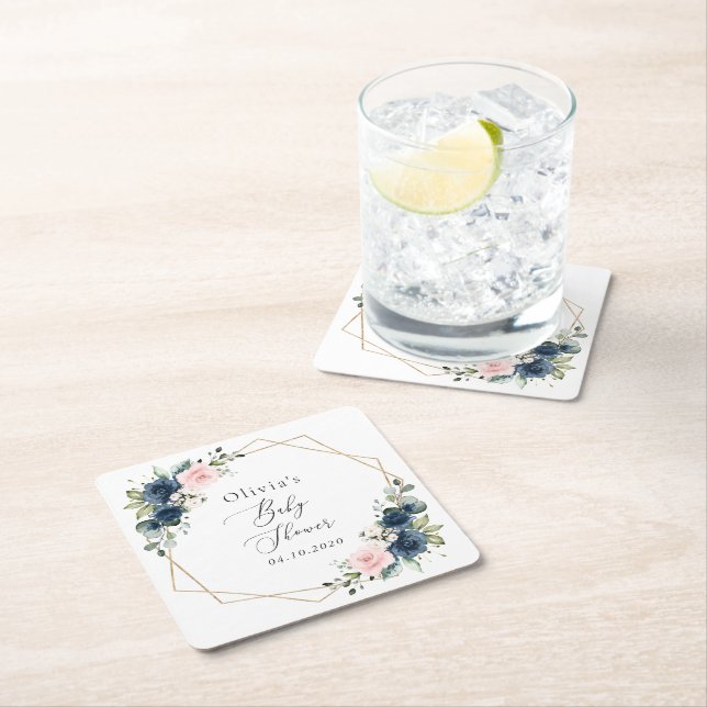 Navy Blue Flowers, Pink Flowers, Baby Shower  Square Paper Coaster (Insitu)